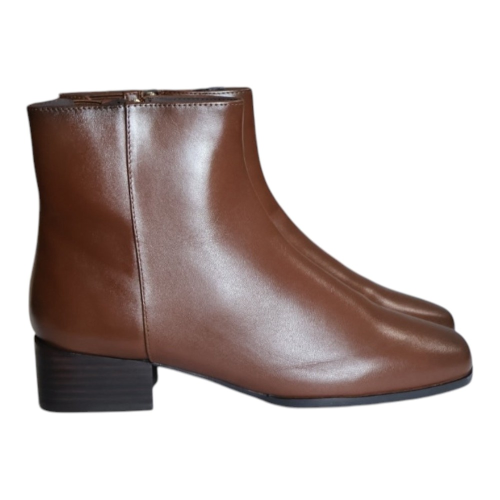 Brown Leather Ankle Boots Square Toe Low Block Heel Zip Easy Spirit Sidney 7.5 M